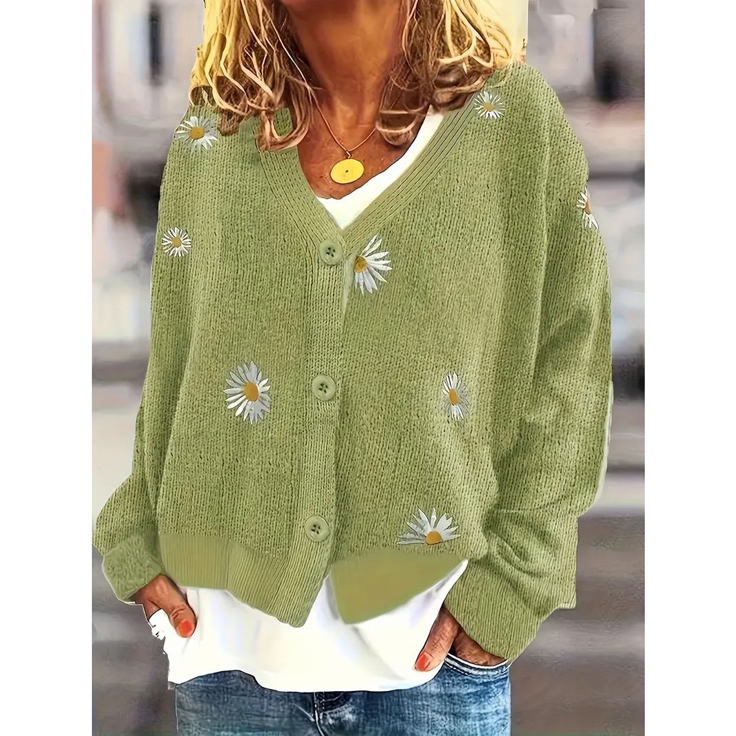 Daisy Pattern Embroidered Knitted Cardigan Button Front Elegant Long Sleeve Sweater For Spring and Fall Women Clothing Image 1