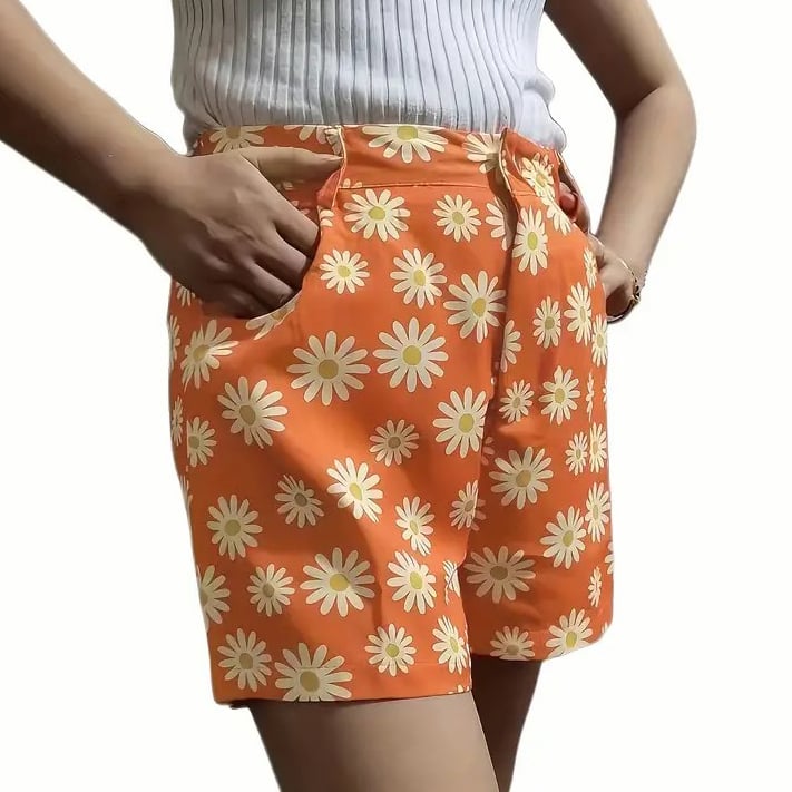 Daisy Print Versatile Shorts Casual High Waist Shorts Womens Clothing Image 1
