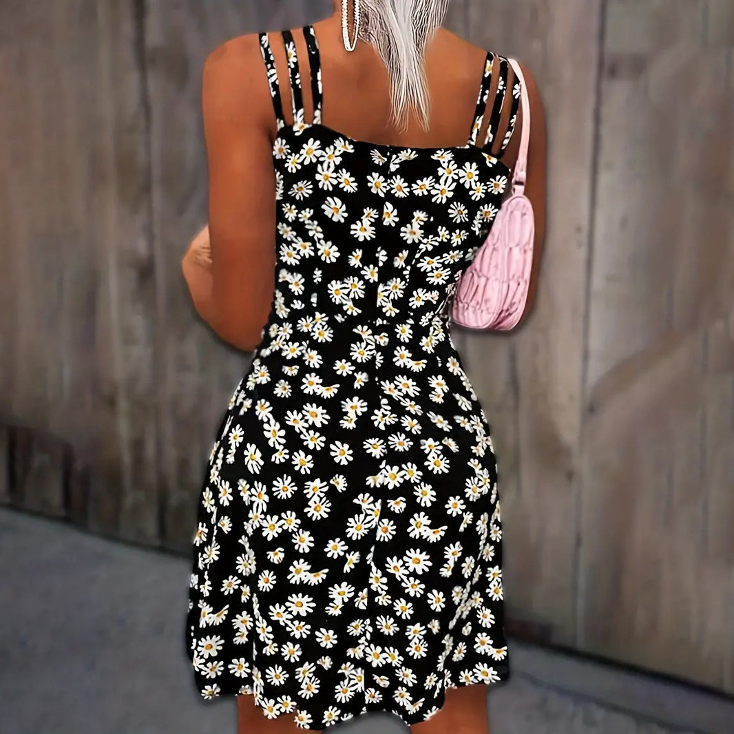 Daisy Print Spaghetti Strap Dress Sexy Sleeveless Bag Hip Dress Womens Clothing Image 4