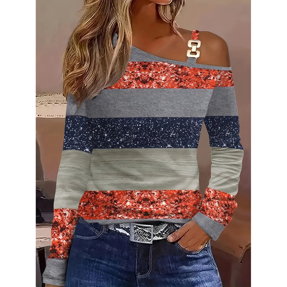 Colorblock Stripe and Sequins Print T-Shirt Casual Cold Shoulder Long Sleeve Top For Spring and Fall Womens Clothing Image 2