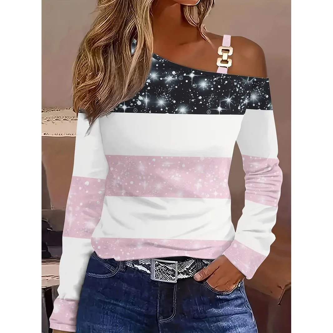 Colorblock Stripe and Sequins Print T-Shirt Casual Cold Shoulder Long Sleeve Top For Spring and Fall Womens Clothing Image 1