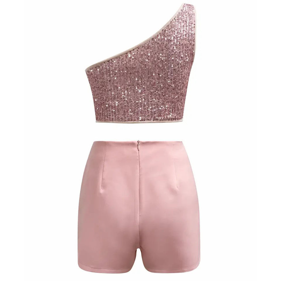 Brabie Two-piece Set One Shoulder Sequin Sleeveless Top and Ruched Asymmetrical Shorts Outfits Womens Clothing For Image 4