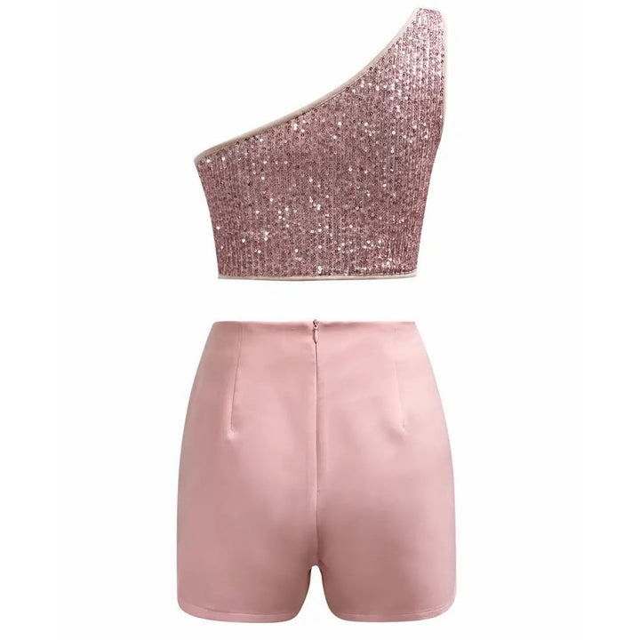 Brabie Two-piece Set One Shoulder Sequin Sleeveless Top and Ruched Asymmetrical Shorts Outfits Womens Clothing For Image 1