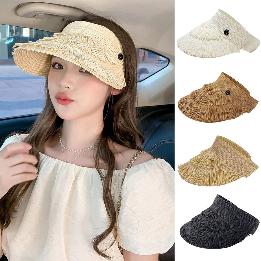 Wide Brim Empty Top Tassel Decor Adjustable Buckle Sun Hat Women Solid Color Sunshade Straw Hat Fashion Accessories Image 1