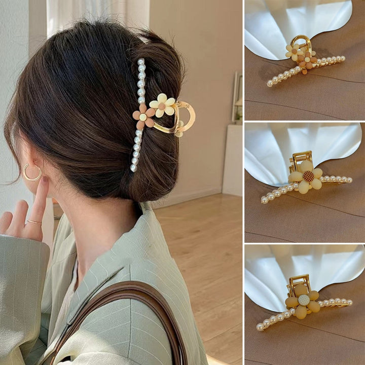 Women Hair Claw Faux Pearl Flower Decor Hollow Out Elastic Spring Strong Claw Hair Decoration Image 1