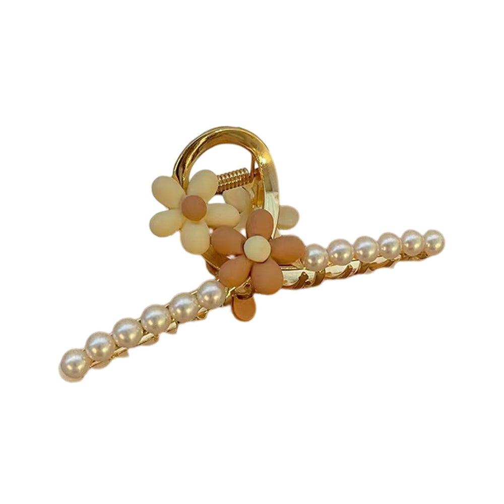 Women Hair Claw Faux Pearl Flower Decor Hollow Out Elastic Spring Strong Claw Hair Decoration Image 2