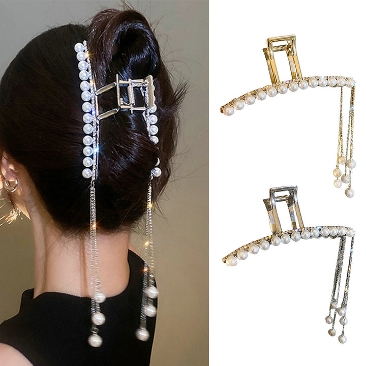 Hair Claw Clip Sparkling Faux Pearl Design Stunning Visual Effect Non-Slip with Tassel Dress-up All Image 1