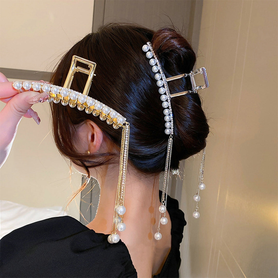 Hair Claw Clip Sparkling Faux Pearl Design Stunning Visual Effect Non-Slip with Tassel Dress-up All Image 4