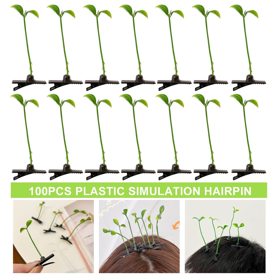 100 Pcs Bean Sprout Hair Clips Plant Hairpins Anti-slip Fake Leaf Funny Shape Long Green Sprout Image 1