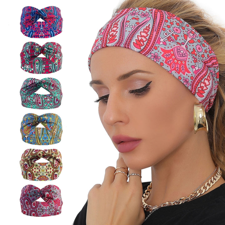 Women Casual Yoga Headband Cross Knot High Elastic Bohemia Style Printing Turban Headwrap Sweat Absorption Sport Image 1