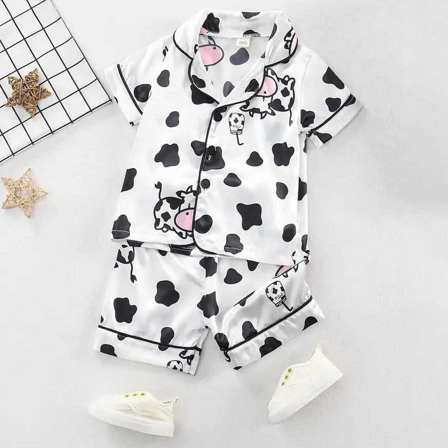 Toddler Girls 2pcs Cartoon Cow Pattern Pajamas Button Front Top and Elastic Waist Shorts Set Comfy Casual PJ Set Kids Image 1