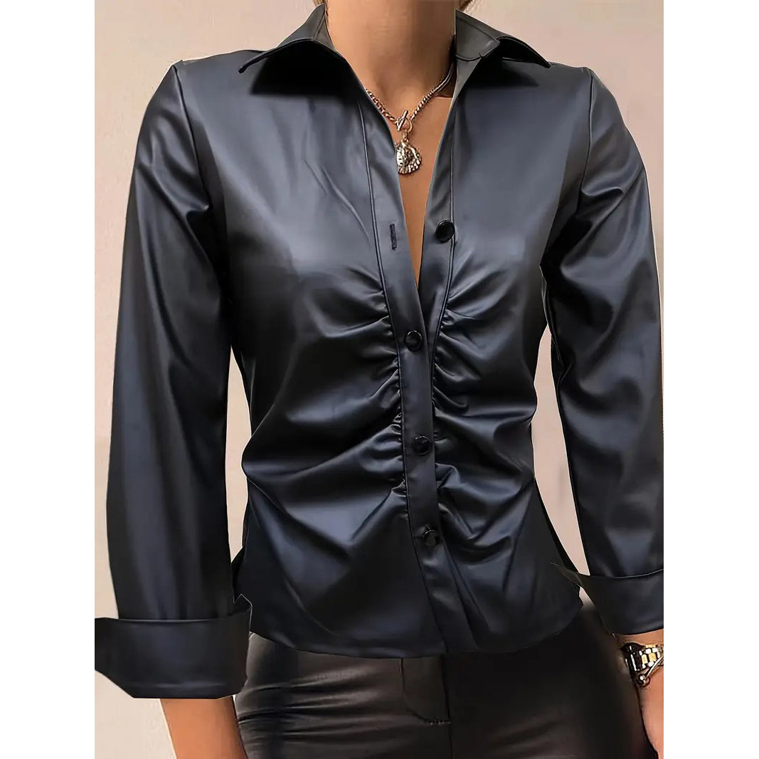Pu Leather Ruched Button Up Blouse Lapel Collar Long Sleeve Elegant Blouse Womens Clothing Image 1