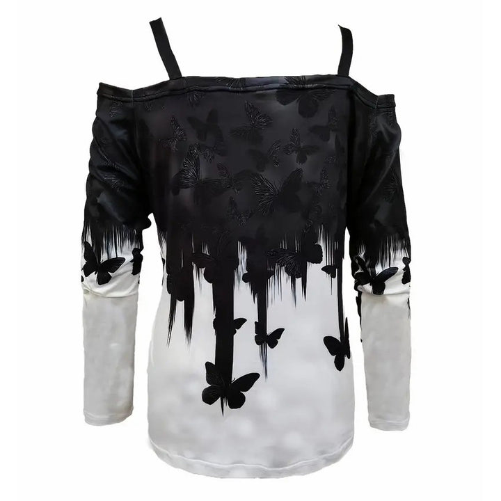 Butterfly Print Cold Shoulder T-Shirt Elegant Chain Cami Long Sleeve Color Block T-Shirt For Spring and Fall Womens Image 2
