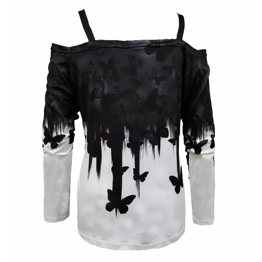 Butterfly Print Cold Shoulder T-Shirt Elegant Chain Cami Long Sleeve Color Block T-Shirt For Spring and Fall Womens Image 1