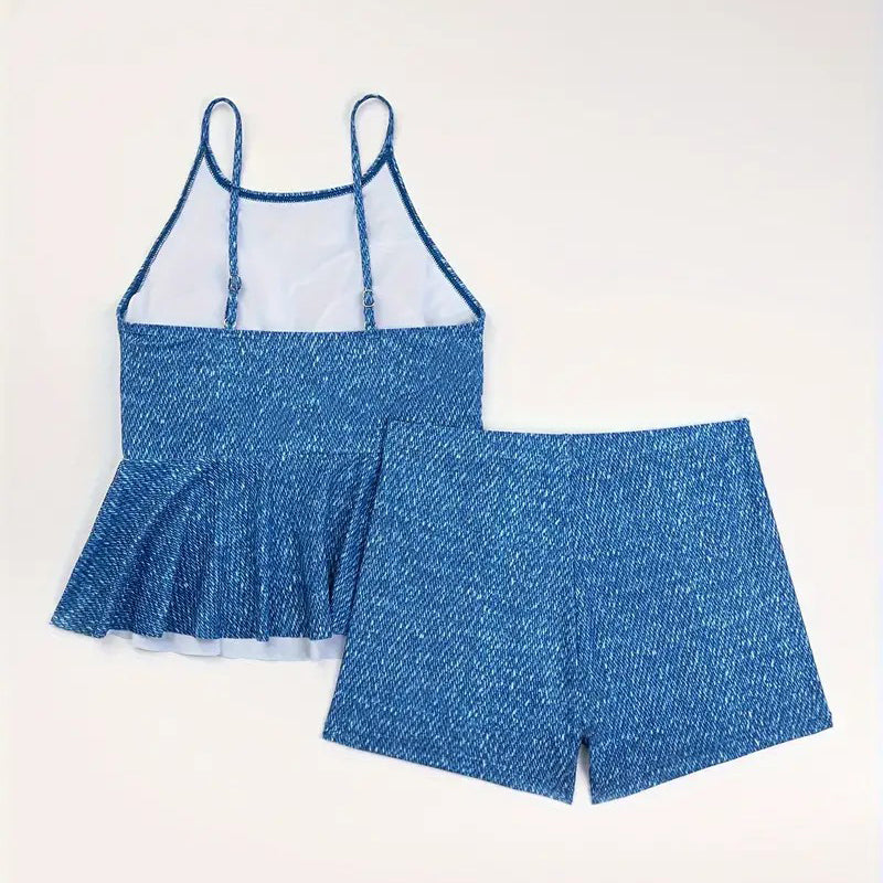 Allover Blue Print Ruffled Hem 2 Piece Set Tankini Scoop Neck Spaghetti Strap High Stretch Swimsuits Womens Swimwear and Image 2