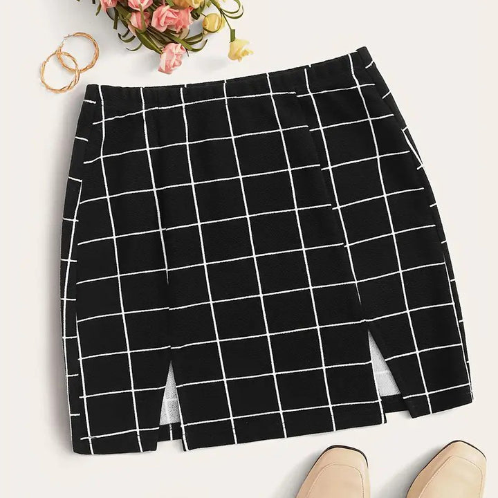 Plaid Print Split Hem Skirt Casual A Line Mini Skirt For Summer Womens Clothing Image 1