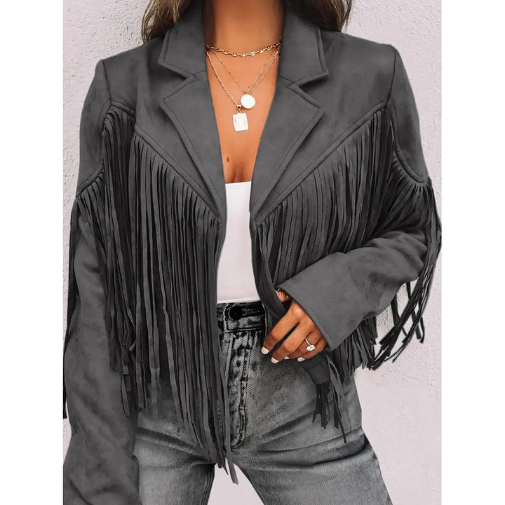 Cropped Fringe Suede Faux Leather Motorcycle Jacket Fashion Tassel Lightweight Solid Jacket Womens Clothing Image 1