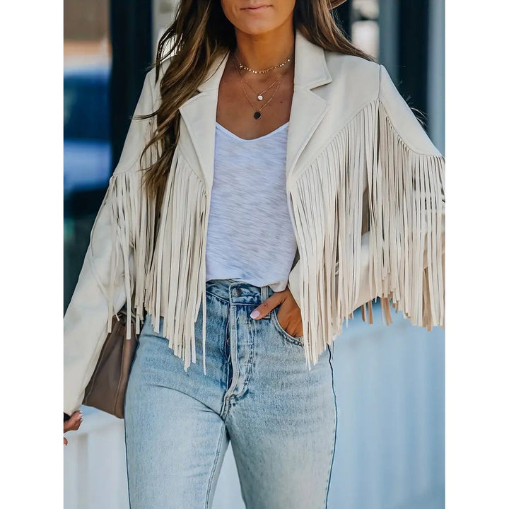 Cropped Fringe Suede Faux Leather Motorcycle Jacket Fashion Tassel Lightweight Solid Jacket Womens Clothing Image 2