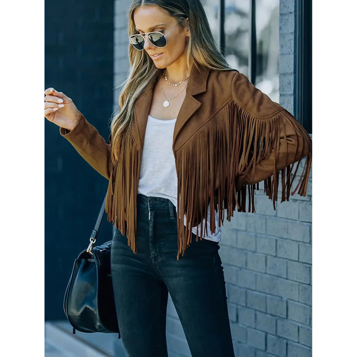 Cropped Fringe Suede Faux Leather Motorcycle Jacket Fashion Tassel Lightweight Solid Jacket Womens Clothing Image 4