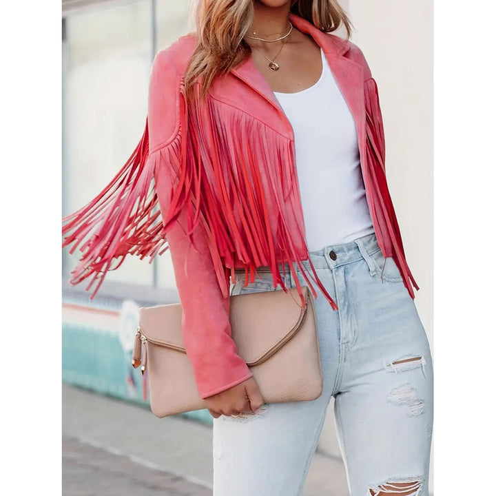 Cropped Fringe Suede Faux Leather Motorcycle Jacket Fashion Tassel Lightweight Solid Jacket Womens Clothing Image 1