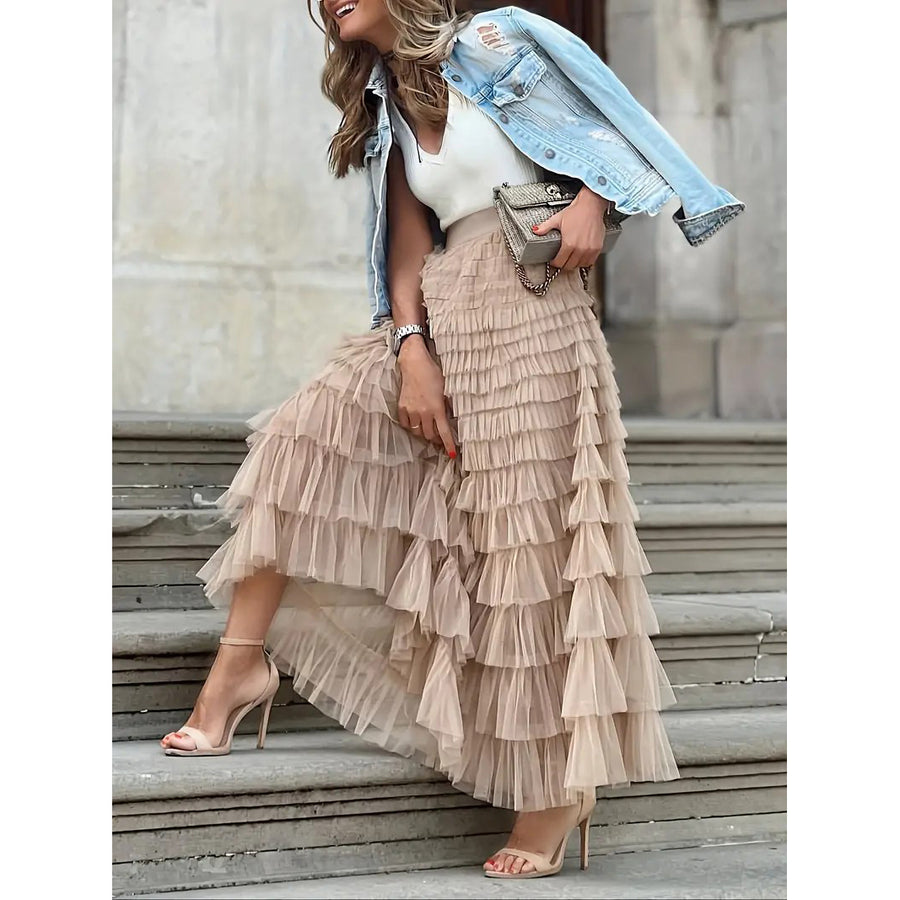 Solid Ruffle Trim Layered Mesh Skirt Versatile High Waist Maxi Skirt For Spring and Fall Womens Clothing Image 1