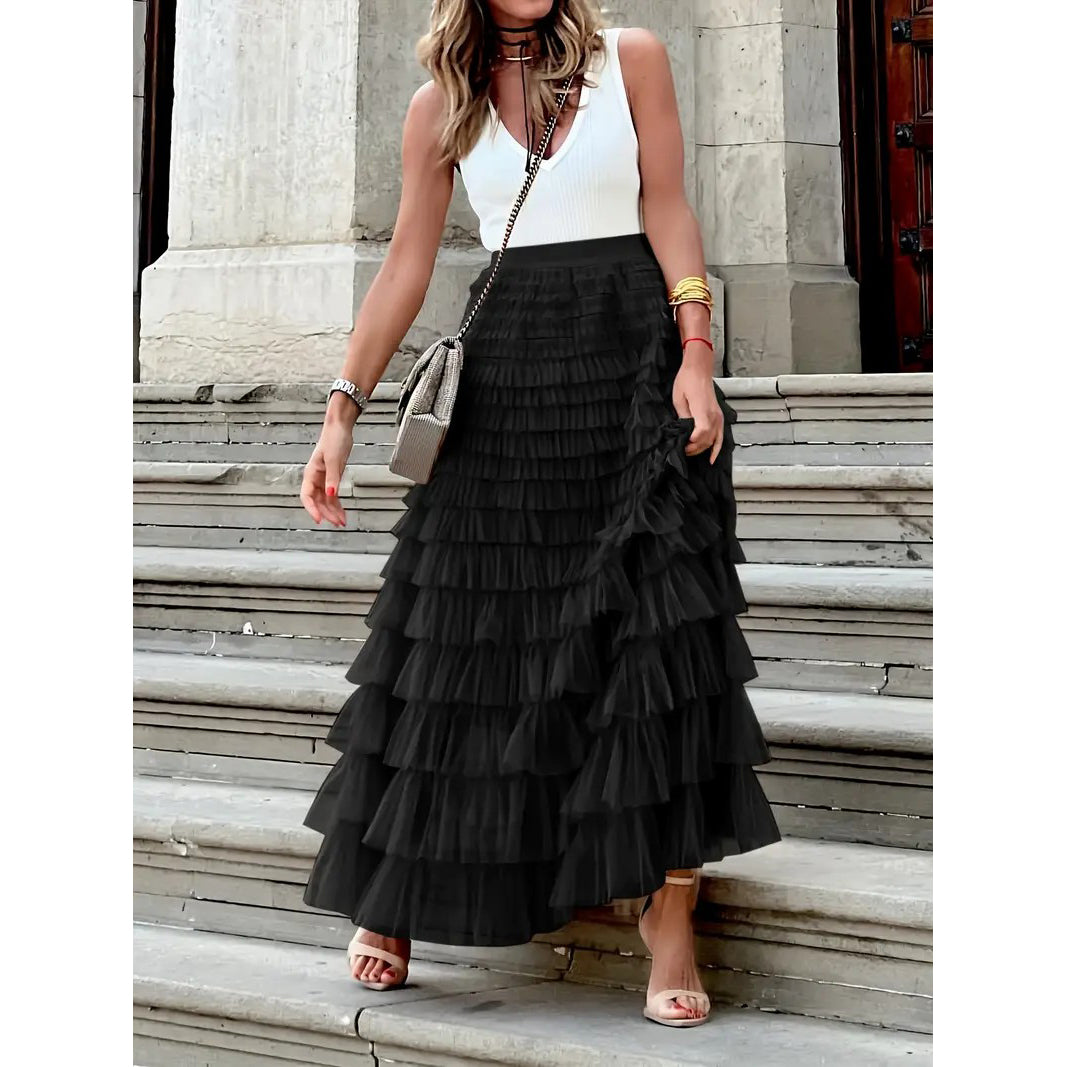 Solid Ruffle Trim Layered Mesh Skirt Versatile High Waist Maxi Skirt For Spring and Fall Womens Clothing Image 3