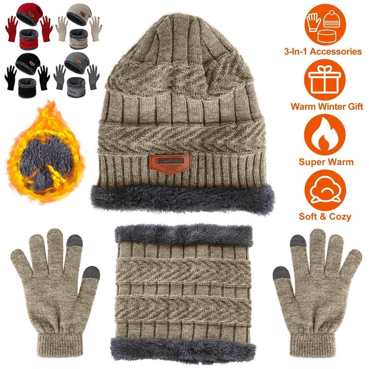 Winter Knitted Hat Scarf Gloves 3Pcs Winter Warm Beanie and Touch Screen Gloves Scarf Set Knit Beanie Skull Cap Neck Image 1