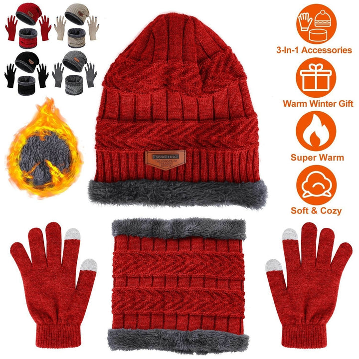 Winter Knitted Hat Scarf Gloves 3Pcs Winter Warm Beanie and Touch Screen Gloves Scarf Set Knit Beanie Skull Cap Neck Image 3