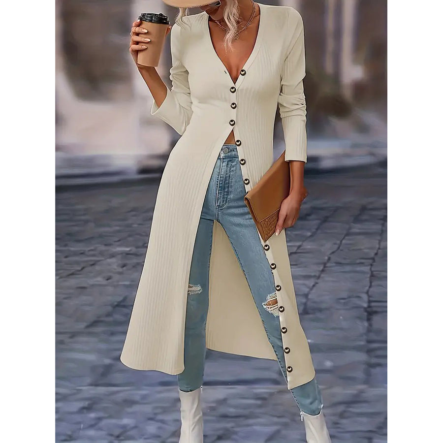 Solid Button Down Knit Cardigan Elegant Long Sleeve Long Length Slim Cardigan Womens Clothing Image 1