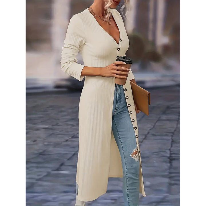 Solid Button Down Knit Cardigan Elegant Long Sleeve Long Length Slim Cardigan Womens Clothing Image 2