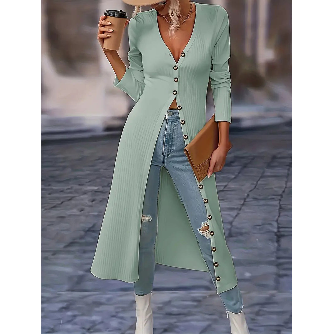 Solid Button Down Knit Cardigan Elegant Long Sleeve Long Length Slim Cardigan Womens Clothing Image 4