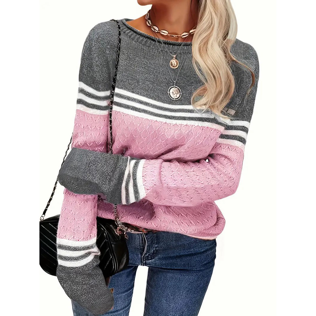 Color Block Boat Neck Knitted Top Casual Long Sleeve Pullover Sweater For Fall and Winter Womens Clothing Image 2