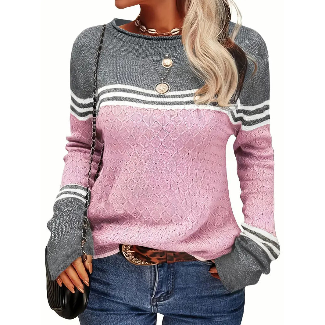 Color Block Boat Neck Knitted Top Casual Long Sleeve Pullover Sweater For Fall and Winter Womens Clothing Image 1