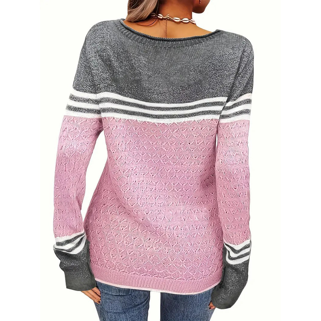 Color Block Boat Neck Knitted Top Casual Long Sleeve Pullover Sweater For Fall and Winter Womens Clothing Image 3