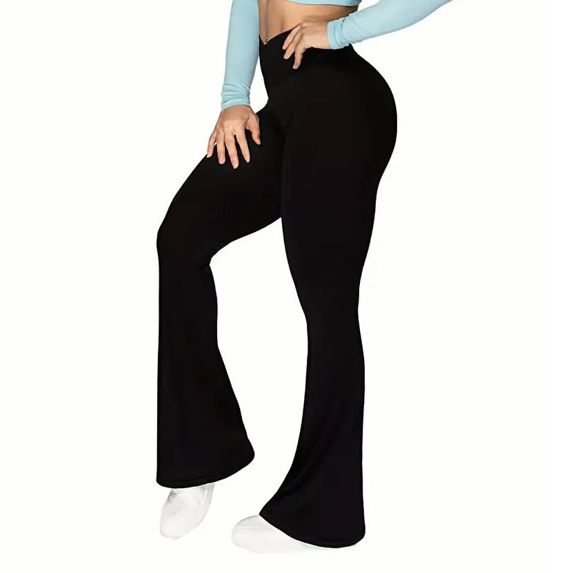 Crossover Waisted Flare Leg Pants Mature Solid Slant Waist Solid Yoga Fashion Comfy Work Pants Womens Clothing Image 1