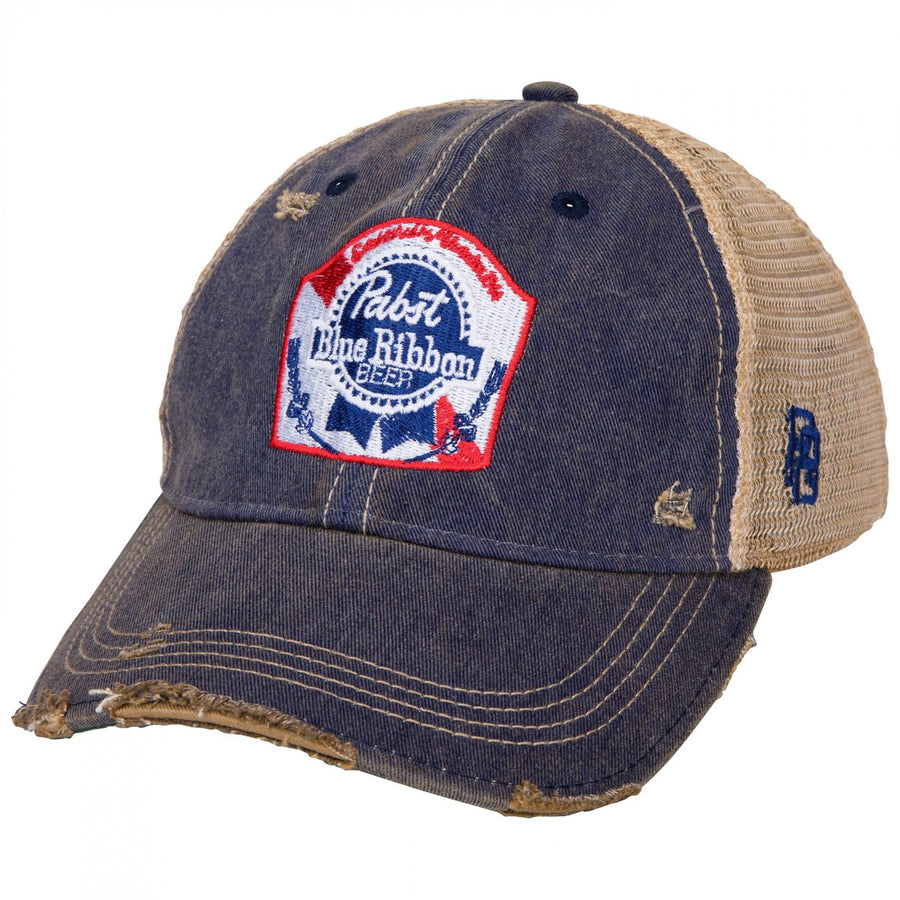 Pabst Blue Ribbon Logo Distressed Denim Trucker Hat Image 1