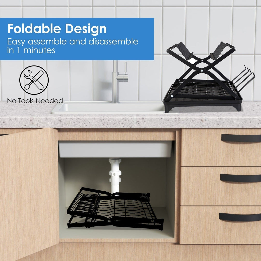 2 Tier Dish Drying Rack with Cup Holder Foldable Dish Drainer Shelf for Kitchen Countertop Rustproof Utensil Holder with Image 4