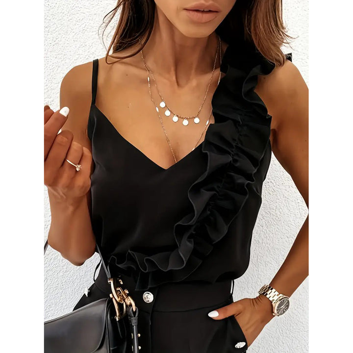 Ruffle Hem Spaghetti Strap Top Elegant V-neck Sleeveless Cami Top For Summer Womens Clothing Image 2