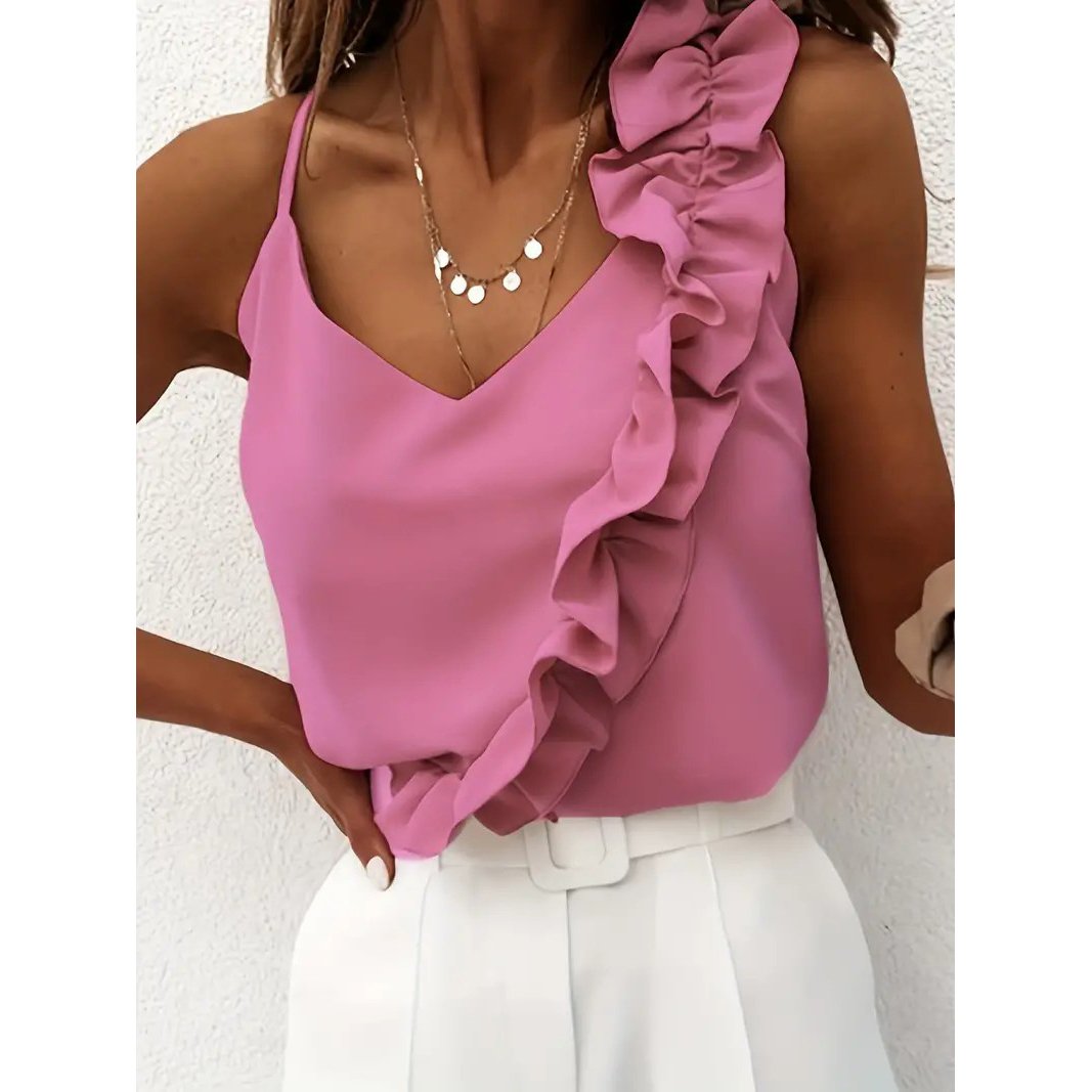 Ruffle Hem Spaghetti Strap Top Elegant V-neck Sleeveless Cami Top For Summer Womens Clothing Image 1