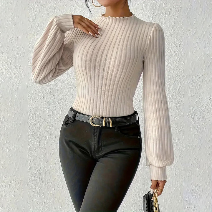 Solid Mock Neck Rib Knit Bodysuit Elegant Long Sleeve Bodysuit Womens Clothing Image 1