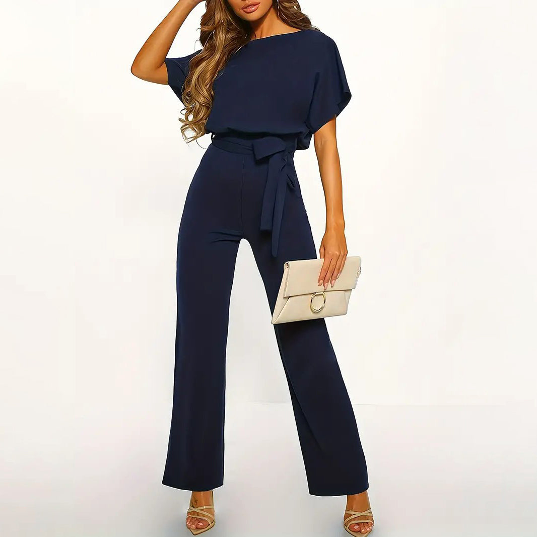 Batwing Sleeve Belted Jumpsuit Solid Casual Jumpsuit Womens Clothing Image 1