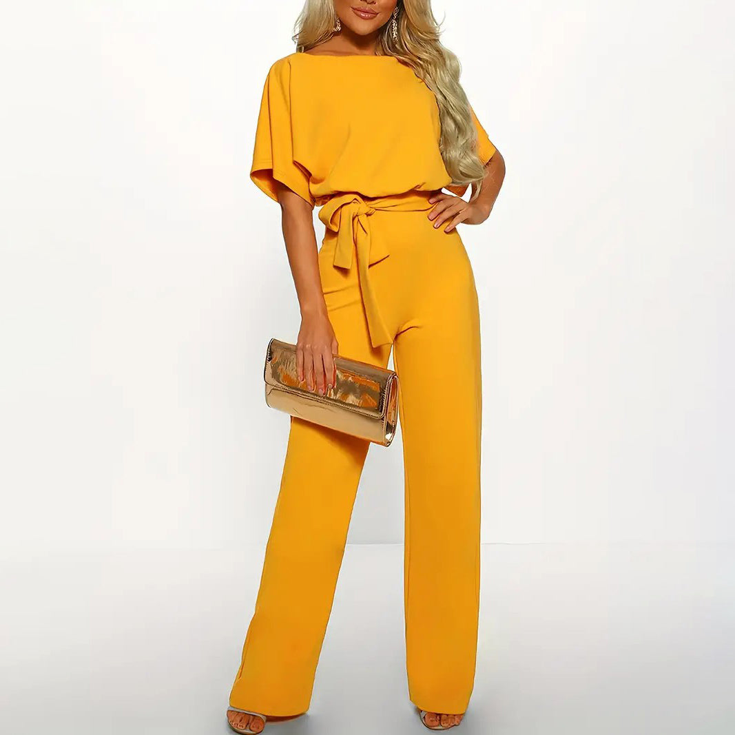 Batwing Sleeve Belted Jumpsuit Solid Casual Jumpsuit Womens Clothing Image 1