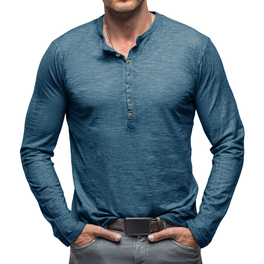Cloudstyle Mens Long Sleeve T-shirt Round Neck Vintage Style Top Multiple Buttons Image 1