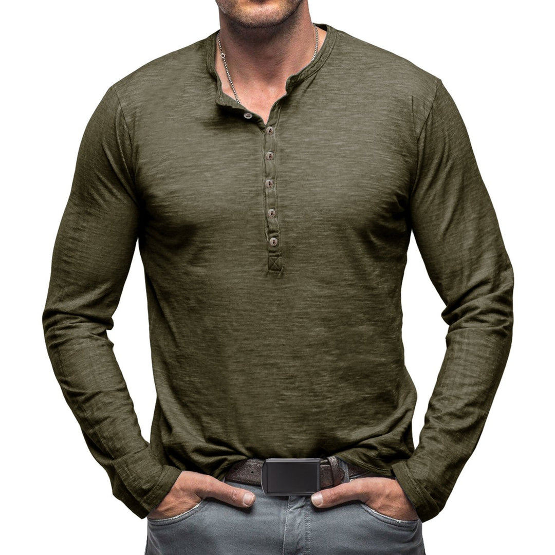 Cloudstyle Mens Long Sleeve T-shirt Round Neck Vintage Style Top Multiple Buttons Image 1