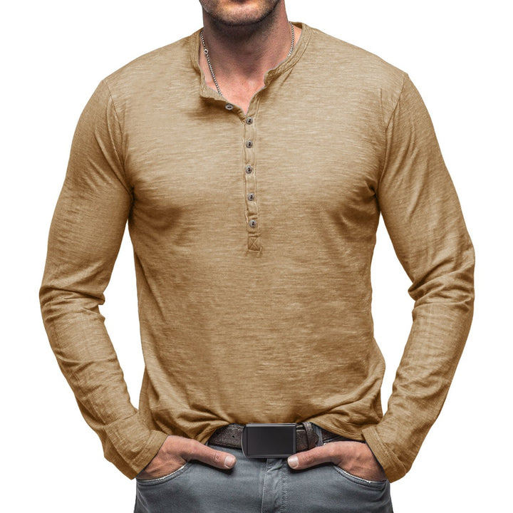 Cloudstyle Mens Long Sleeve T-shirt Round Neck Vintage Style Top Multiple Buttons Image 1