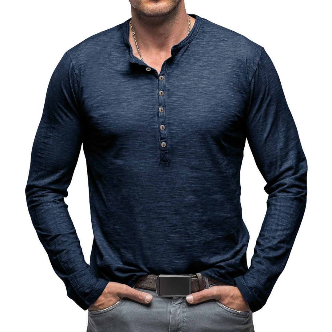 Cloudstyle Mens Long Sleeve T-shirt Round Neck Vintage Style Top Multiple Buttons Image 1