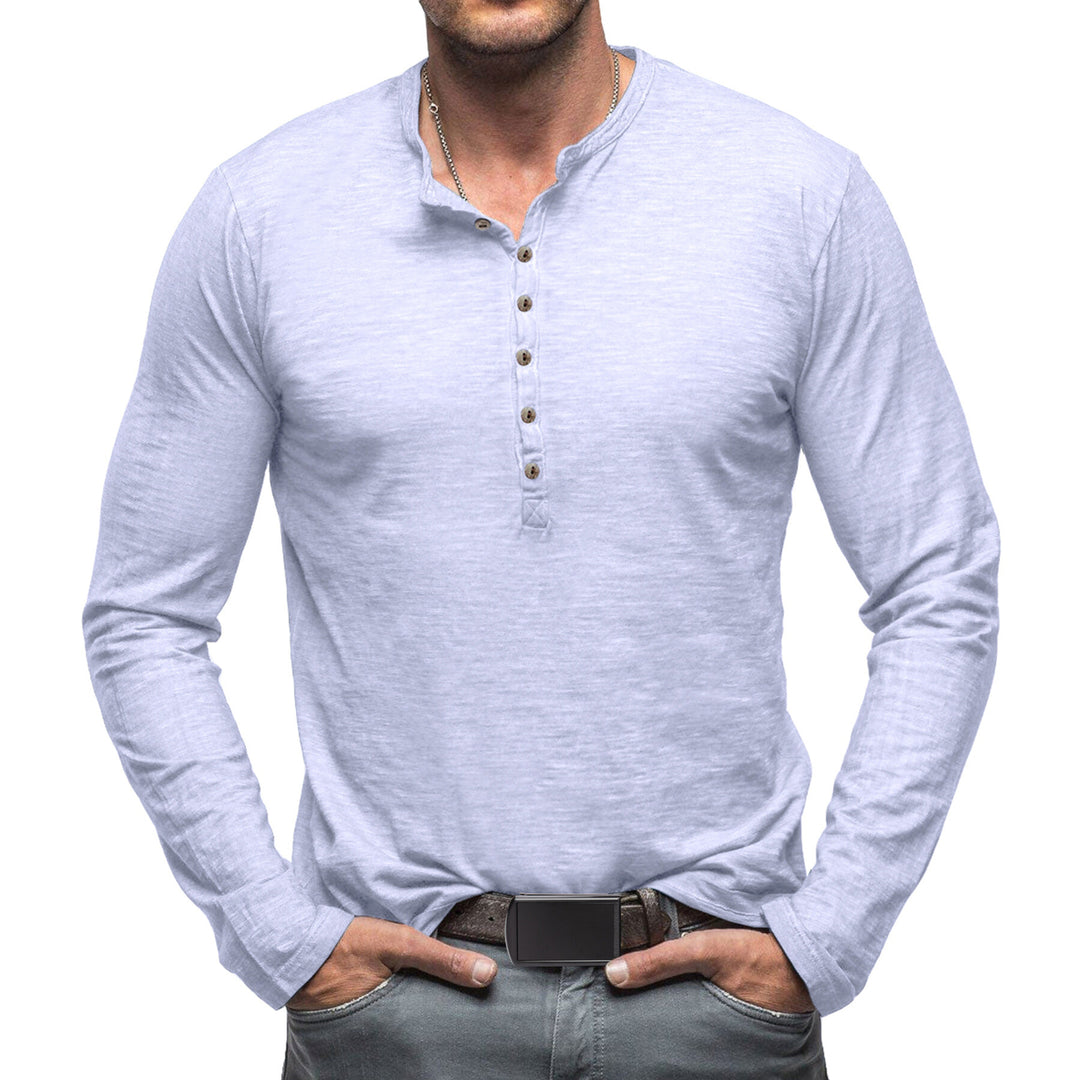 Cloudstyle Mens Long Sleeve T-shirt Round Neck Vintage Style Top Multiple Buttons Image 1