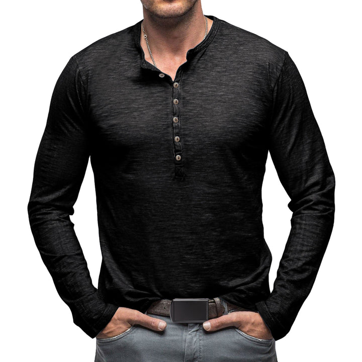 Cloudstyle Mens Long Sleeve T-shirt Round Neck Vintage Style Top Multiple Buttons Image 1
