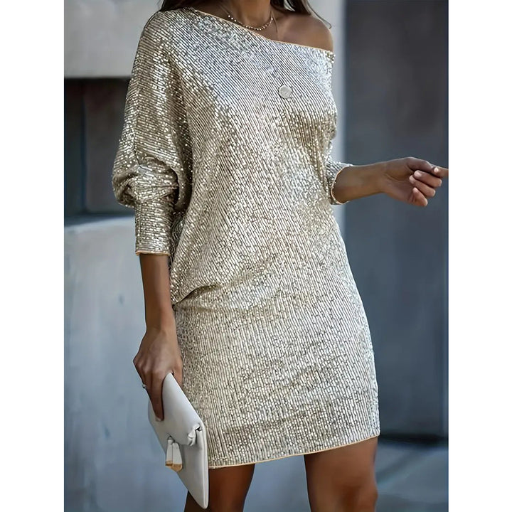 Contrast Sequin Solid Dress Party Wear V Neck Long Sleeve Dress Womens Clothing Image 1