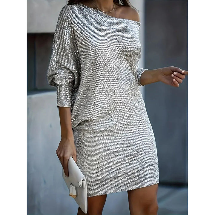 Contrast Sequin Solid Dress Party Wear V Neck Long Sleeve Dress Womens Clothing Image 2